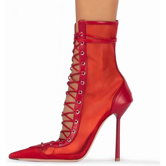 Shoes - Women's Red Kitten High Heels Mesh Ankle Pointed Toe Lace-up Short Booties
